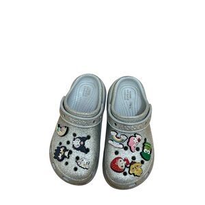 CROCS Kids Glitter Silver Clogs with Colorful Charms